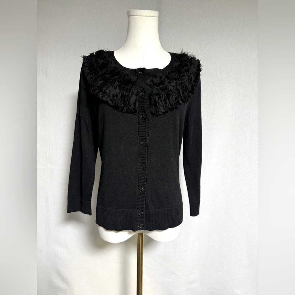 New York & Company Black Cardigan with Textured Collar